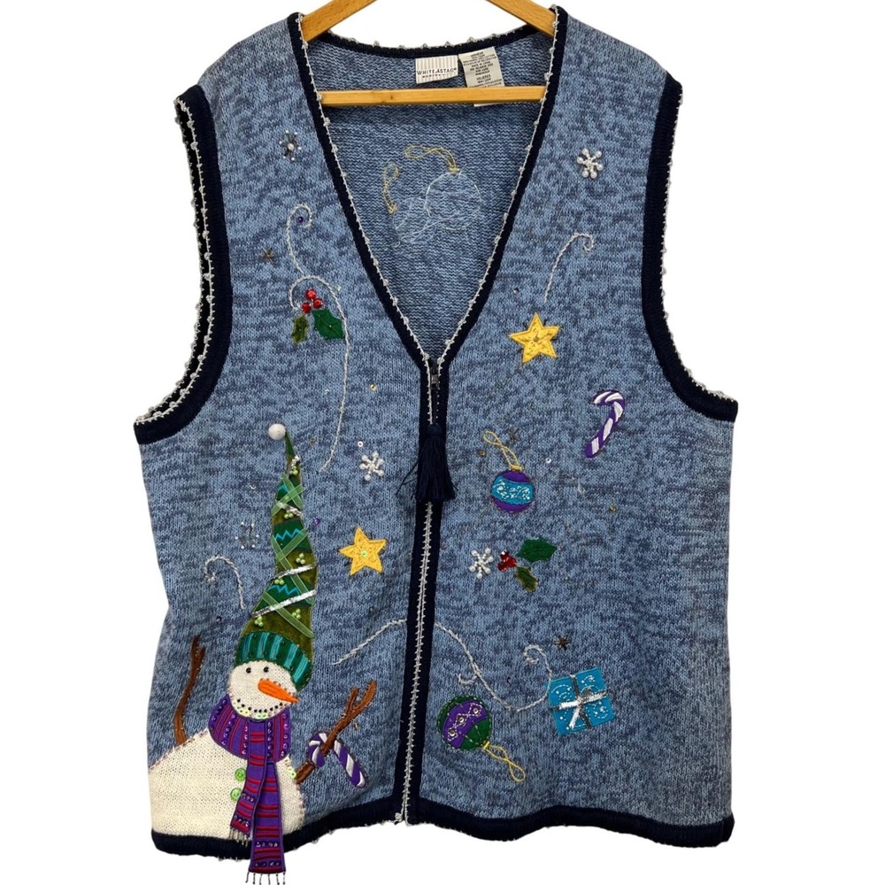 VTG Y2K White Stag 18-20W Plus Christmas Sweater Vest Cardigan‎ Snowman Ornament